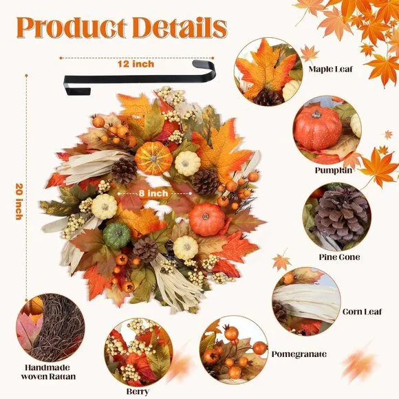 Fall Wreaths for Front Door, 20inchs Autumn Wreath with Hangers Pumpkin Maple Au - Picture 3 of 7
